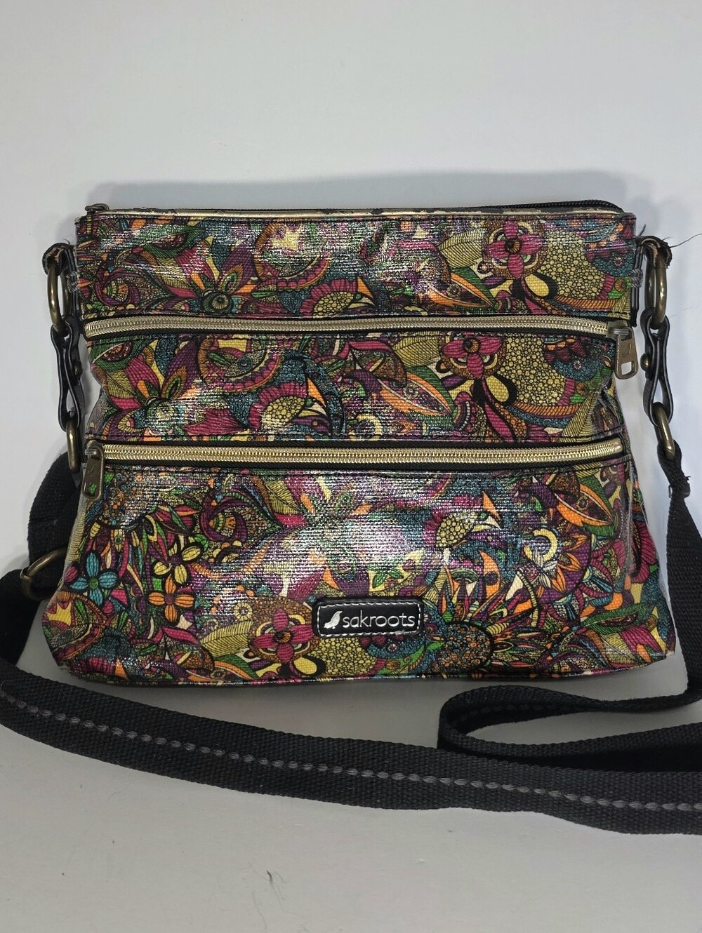 Sakroots Multicolor Floral Print Crossbody Bag with Gold Zippers